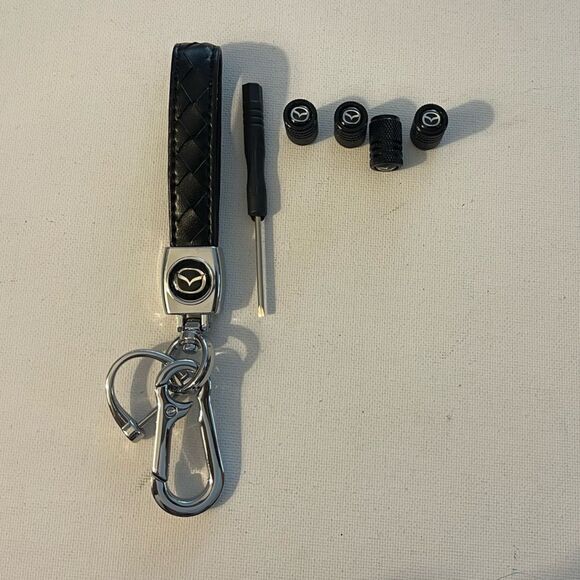 Mazda key fob Keychain in black leather and Valve stem caps in Black NWT - Picture 1 of 4